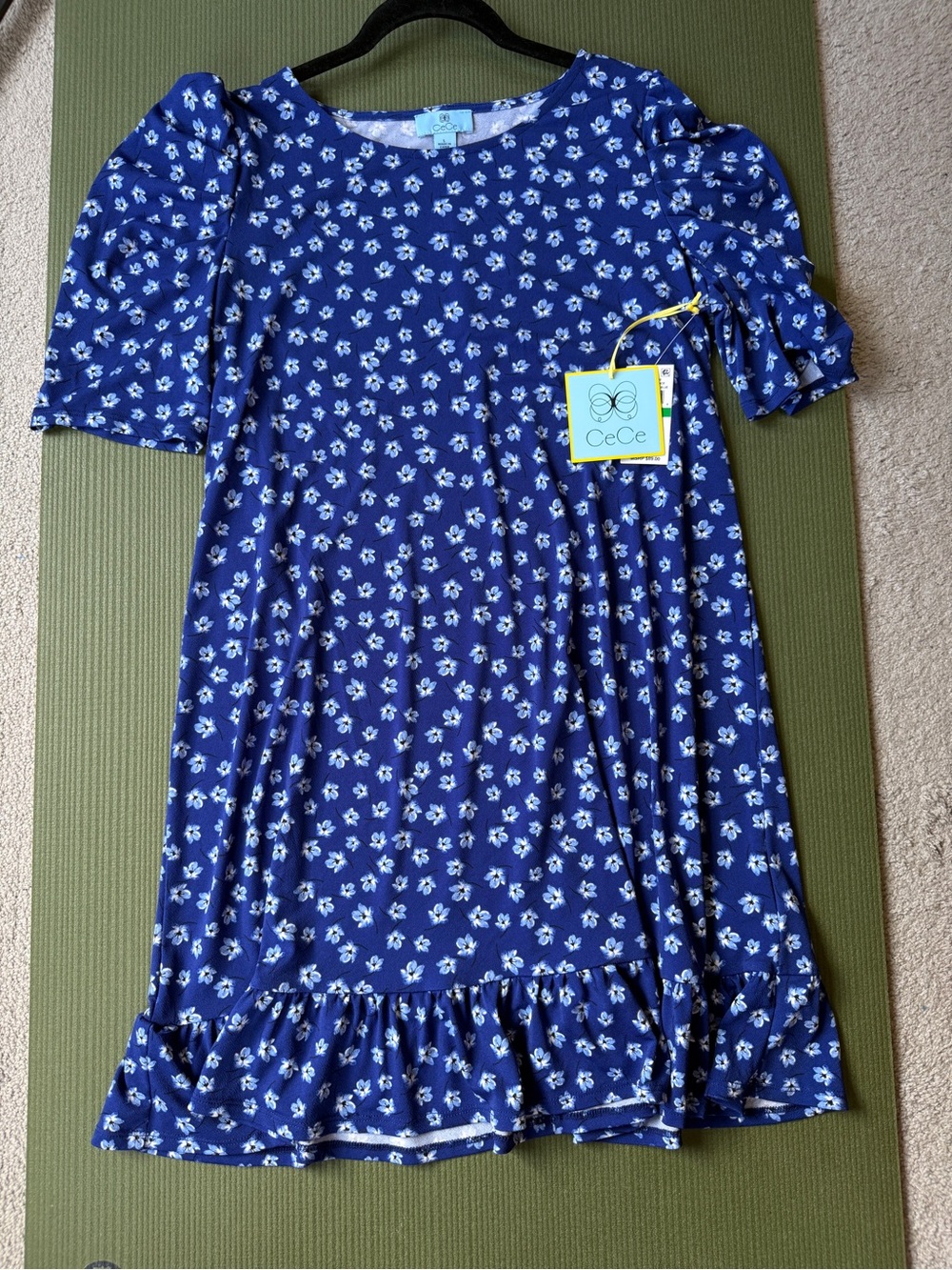 CeCe Garden Romance Ruffle Hem Puff Sleeve Dress Twilight Blue Floral L NWT - Picture 7 of 9